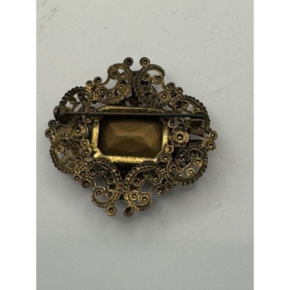1930s Vintage Brass Filigree Big Red Stone Pin Brooch - Picture 6 of 11